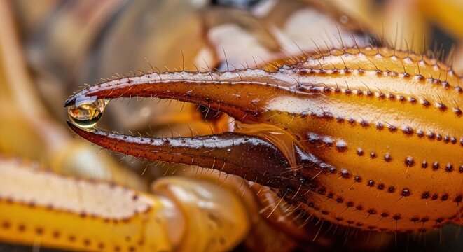 Extreme Macro Photography of a Scorpion Pincer Holding a Clear Water Droplet with Detailed Texture