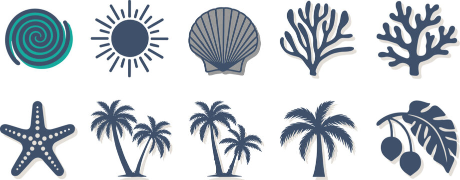 Collection of stylized tropical beach and ocean icons with blue and teal colors