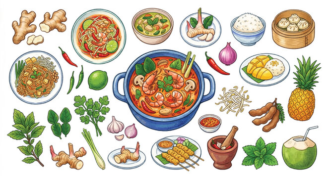 Thai food vector illustration set, traditional Asian cuisine elements and ingredients, Tom Yum soup and Pad Thai icons for restaurant menu design