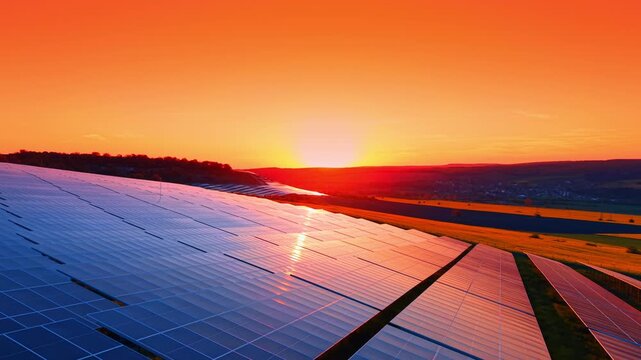 Sunset reflected on long sweep of hillside solar panels. Glowing evening sun mirrored along curved module rows descending a ridge toward distant hills.