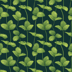 Fototapeta premium Botanical seamless pattern with green strawberry leaves and stems. Wild strawberry foliage, serrated leaves and organic vines. Perfect for textile, fabric, wrapping paper or background.