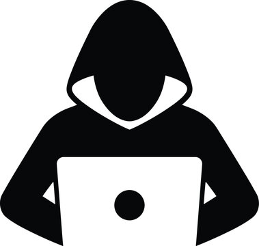 Silhouette of a hooded hacker working on a laptop for cybersecurity and hacking concepts