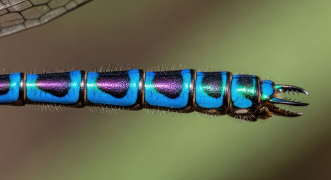 Extreme Macro of Iridescent Blue and Purple Dragonfly Abdomen with Detailed Segments and Texture