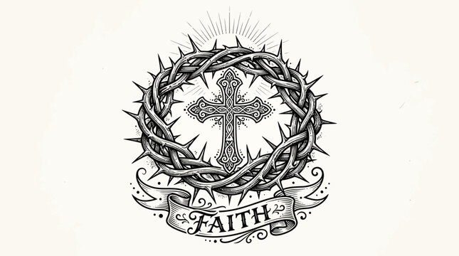 Faith symbol with cross and thorns tattoo design