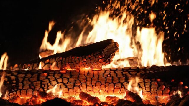 Burning wood fire flames glowing sparks dark night background