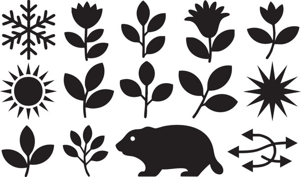 Groundhog silhouette in spring plants and weather icons in black on white background for seasonal greeting