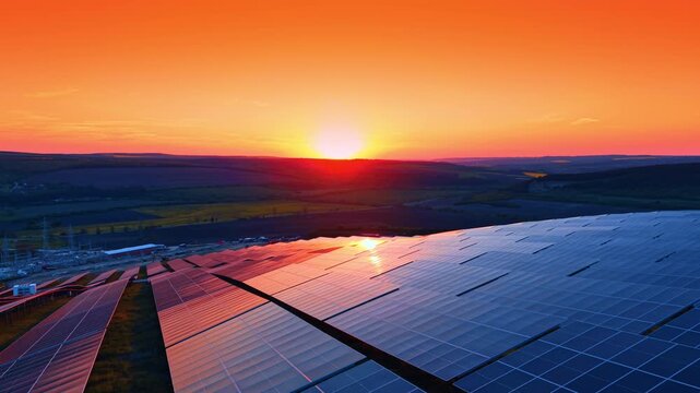 Sun setting over hills behind tilted solar panel rows. Vivid evening sky as the sun dips to the horizon, warm light reflecting off angled module glass.