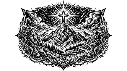 Fototapeta premium Cross on mountain peak with sun and clouds tattoo design