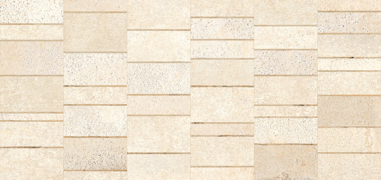 Modern beige stone wall texture, architectural limestone block facade, natural travertine tile background with horizontal linear patterns