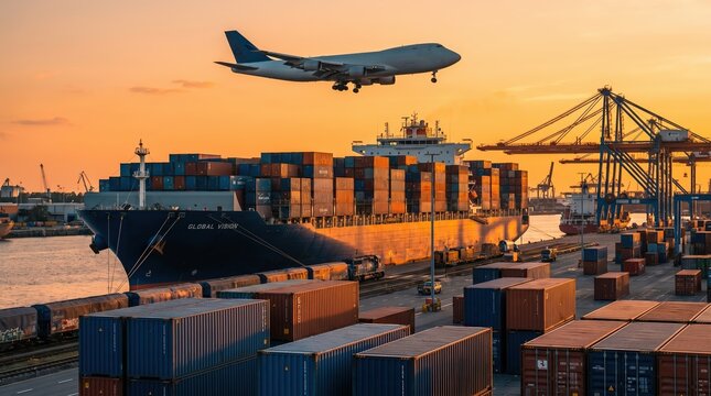 Global logistics network with container ship, cargo aircraft and freight train at industrial terminal during sunset