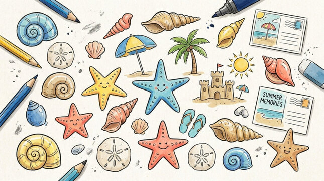 Beach Vacation Drawing Supplies and Summer Beach Elements.