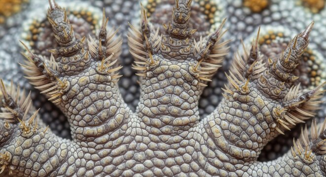 Extreme Macro Detail of a Reptile Foot Showing Intricate Scale Patterns and Spiky Setae Texture