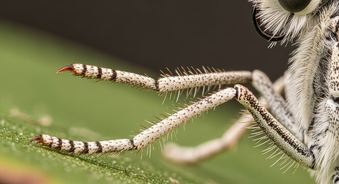 Extreme Macro Shot of Insect Legs with Spines and Claws on a Green Leaf Background