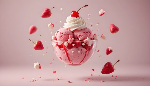 Strawberry dessert ice cream concept with whipped topping and floating fruit for sweet food advertising marketing campaign