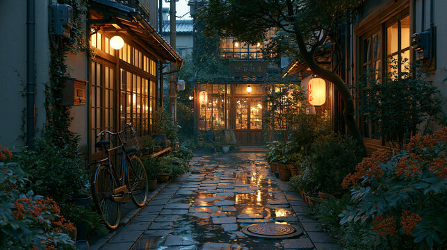 雨上がりの夜の日本の路地裏と温かい光