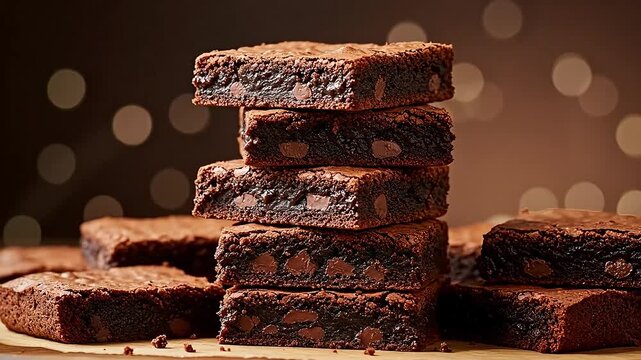 Rich chocolate brownies stacked with chocolate chips, a delicious dessert.