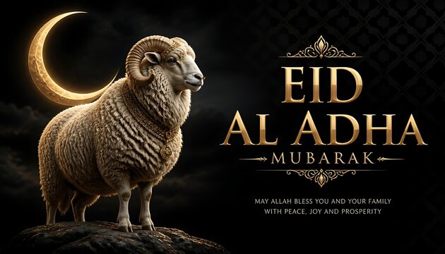 Majestic ram on rock with crescent moon, luxurious Eid al-Adha greeting design.