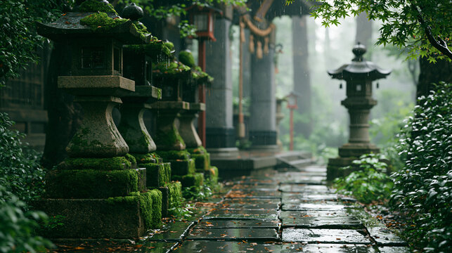 雨の日の日本の神社、苔むした石灯籠と石畳の小道