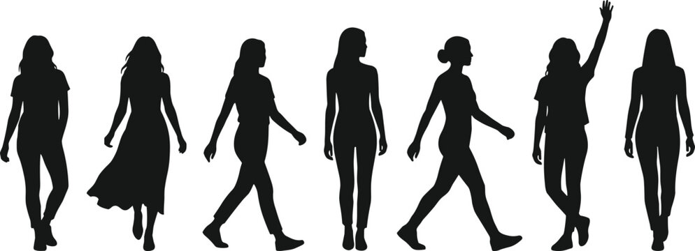 Women vector silhouettes collection featuring female characters walking standing posing and waving hands in casual outfits