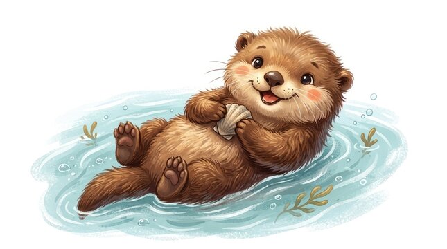 Cute Otter Swimming With Seashell in Underwater Ocean Scene