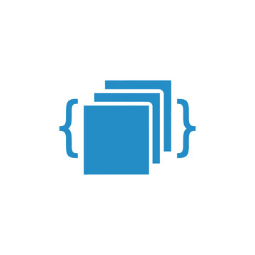 Blue icon of layered code documents and curly brackets.