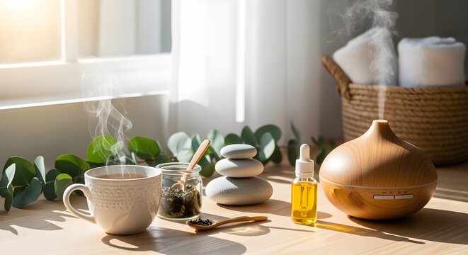 Cozy wellness home interior with aromatherapy diffuser tea and natural decor for mindful self care lifestyle marketing