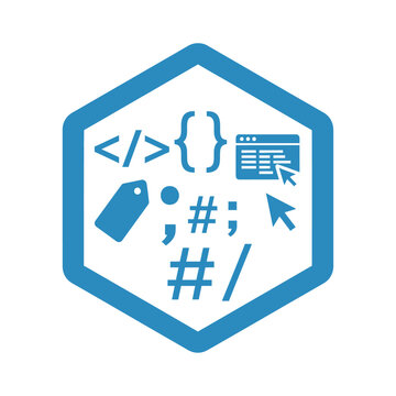 Blue hexagonal icon containing various programming and coding symbols.