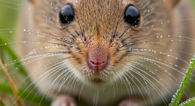 Extreme Macro Portrait of a Small Field Mouse with Dew Drops on its Whiskers in Nature