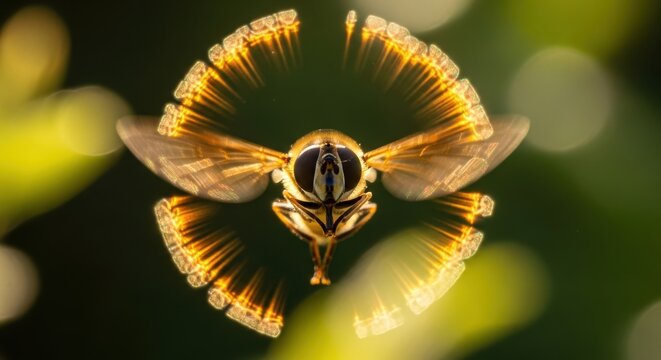 Macro Shot of a Hoverfly in Flight with Golden Light Trails and Artistic Halo Effect in Nature