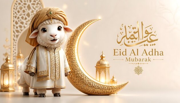 3D cute cartoon lamb wearing traditional Arabic thobe and gold turban for Eid Al Adha banner