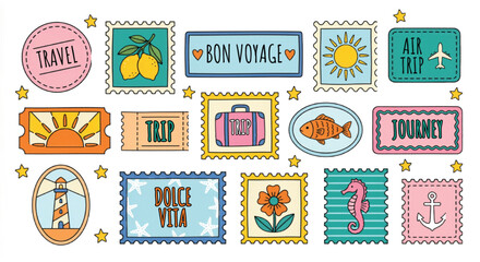 Vintage travel stickers and postage stamps set, retro summer vacation labels with bon voyage and dolce vita text, colorful nautical journey vector icons © Muhammad