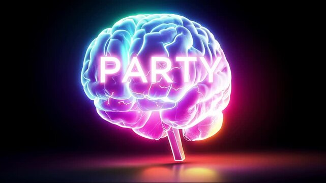 Neon Brain with Party Text on Black Background, Futuristic Glowing Cyberpunk Animation with Vibrant Neon Lights and Dynamic Motion for Music, Club and Party Video Content