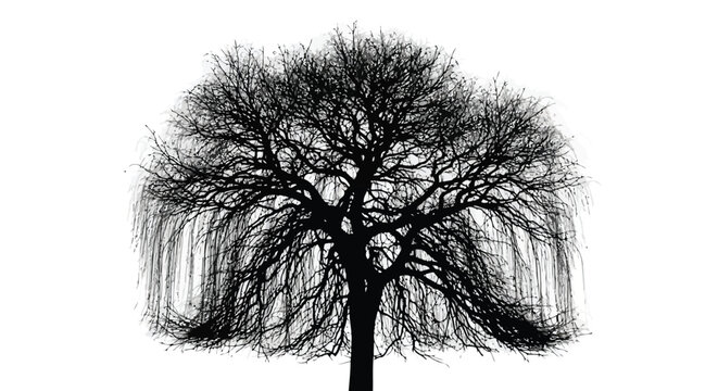 Bare tree silhouette on white background, minimalist illustration for design