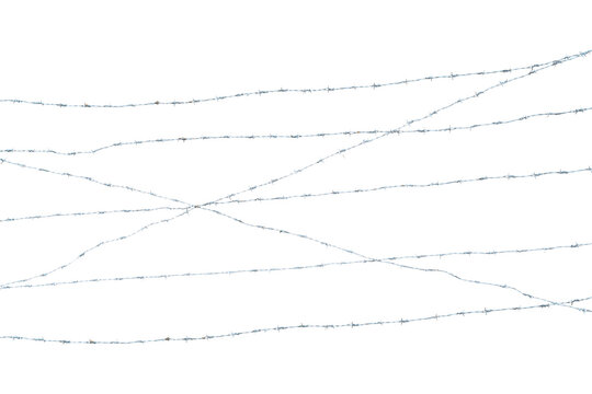 This image features multiple strands of barbed wire crossing over each other in various directions, showcasing their twisted metal texture and sharp barbs, On Transparent Background.