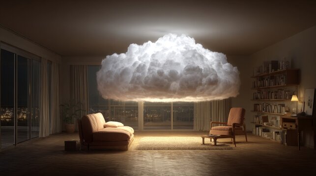 Living room with fluffy white cloud floating near ceiling and warm light