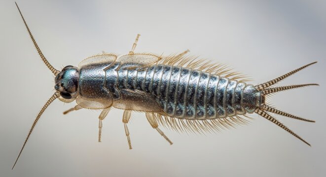 Detailed Macro Photography of a Silverfish Insect Lepisma Saccharinum with Metallic Scales on a Light Background