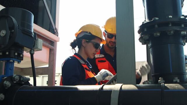 Engineers with safety vests and helmets maintaining a cooling tower on rooftop of a solar farm. Two workers inspecting cooling system of the building. Female technician with tablet check cooling tower