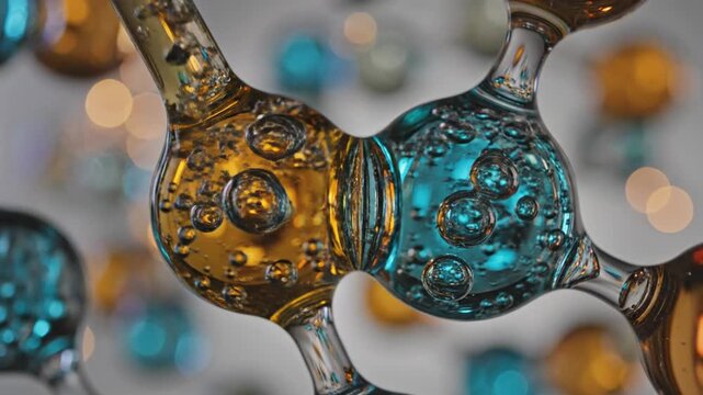 Abstract molecular model made of amber and blue liquid glass with bubbles and bokeh background