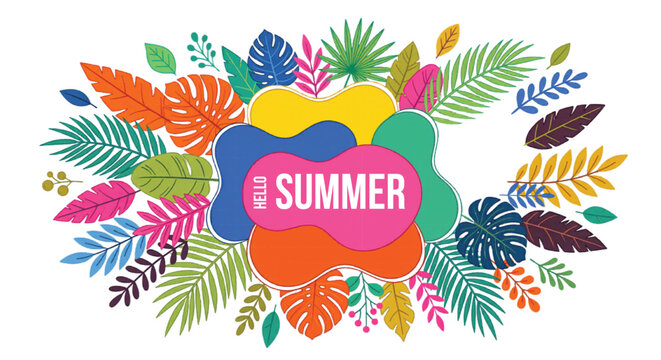 Tropical summer background with colorful palm leaves, hello summer text on abstract liquid shapes, vibrant botanical vector illustration for seasonal sales