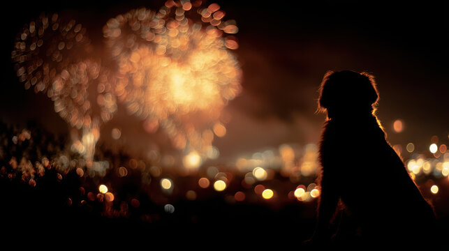 Dog watching fireworks display at night with heart shaped lights