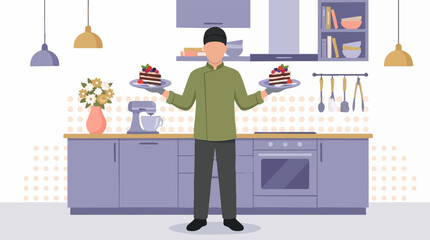 Chef presenting two slices of berry cake in a modern kitchen illustration © Aesthetica