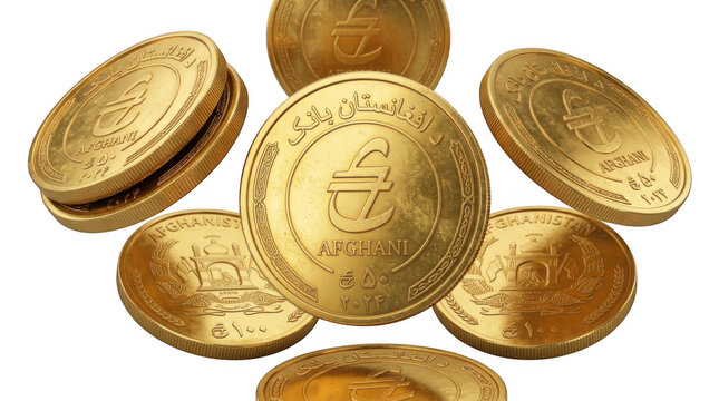 Collection of golden afghan afghani coins with embossed currency symbols and national emblems isolated on a solid black background