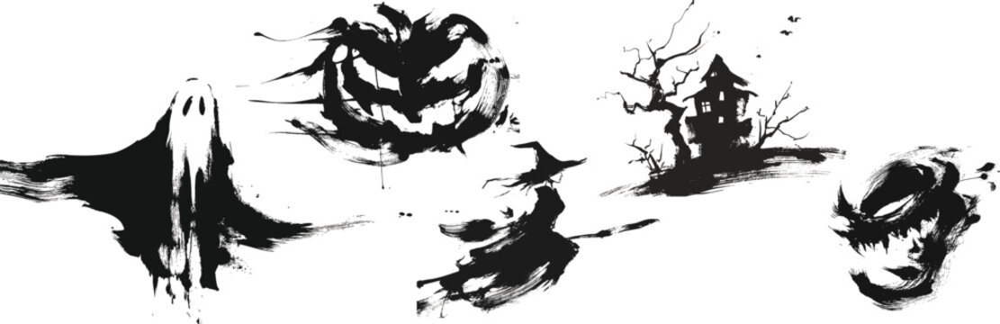 Set of grunge brush painted halloween illustrations including a ghost, pumpkin, witch, haunted house
