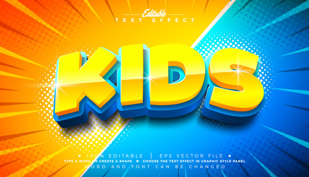 Kids Editable Text Effect Design Vector Graphic Style with 3d Yellow and Blue Typography Lettering with Shadow on Cartoon Background. Premium Illustration Template for Greeting Card, Flyer, Banner