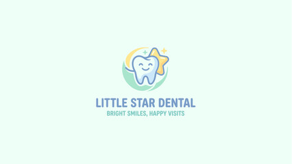 Fototapeta premium Cute Kids Dental Logo with Happy Tooth and Star for Pediatric Clinic
