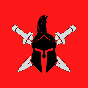 Bold vector emblem of a black Spartan helmet with silver crossed swords over a solid red background. Designed for competitive sports teams, gaming clans, or aggressive branding.
