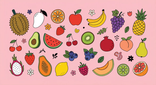 Hand drawn fruit icons set, colorful tropical fruit doodles on pink background, organic food vector illustrations for healthy lifestyle branding