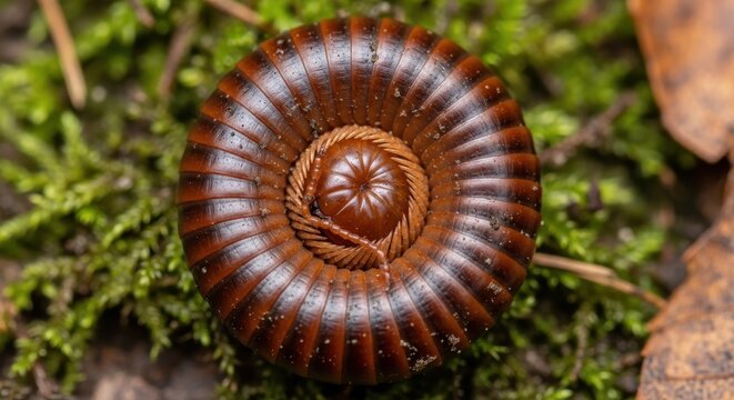 Macro Shot of a Brown Millipede Curled into a Spiral Defensive Position on Green Moss in the Forest