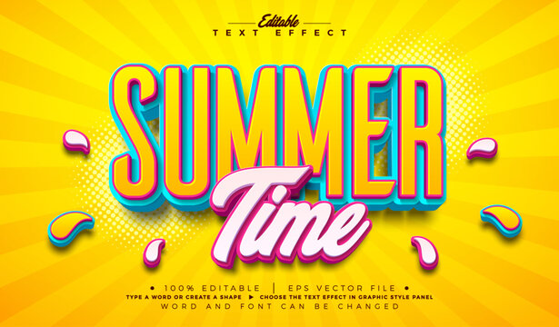 Summer Time Editable Text Effect Design Vector Graphic Style with Beach Elements and 3d Typography Lettering on Sun Yellow Background. Premium Vacation Holiday Illustration Template for Banner