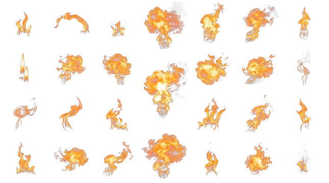 Collection of isolated fire flames and burning explosions with orange, yellow, and red sparks on a solid black background